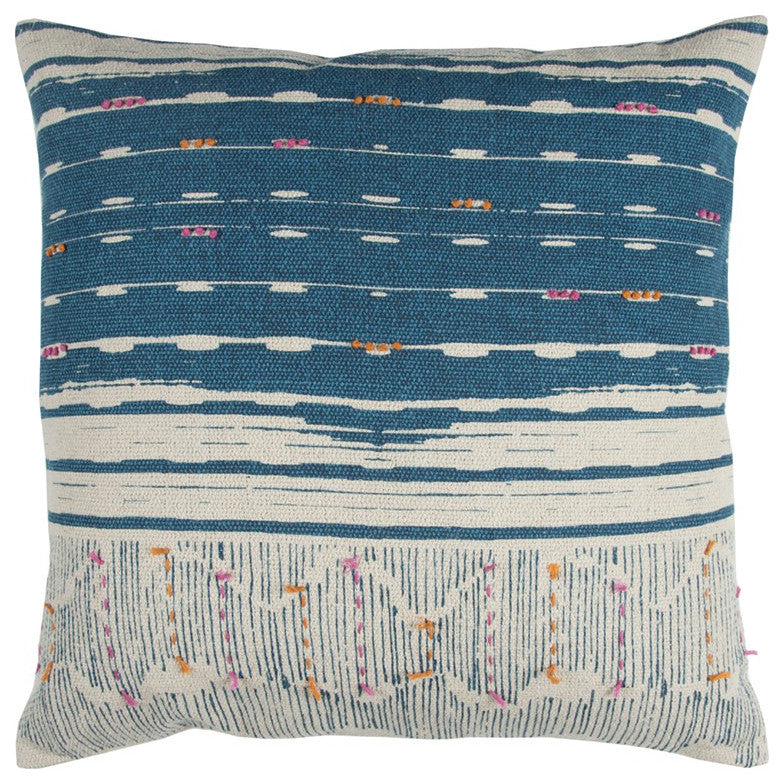 Teal White Kantha Stitch and Knots Throw Pillow