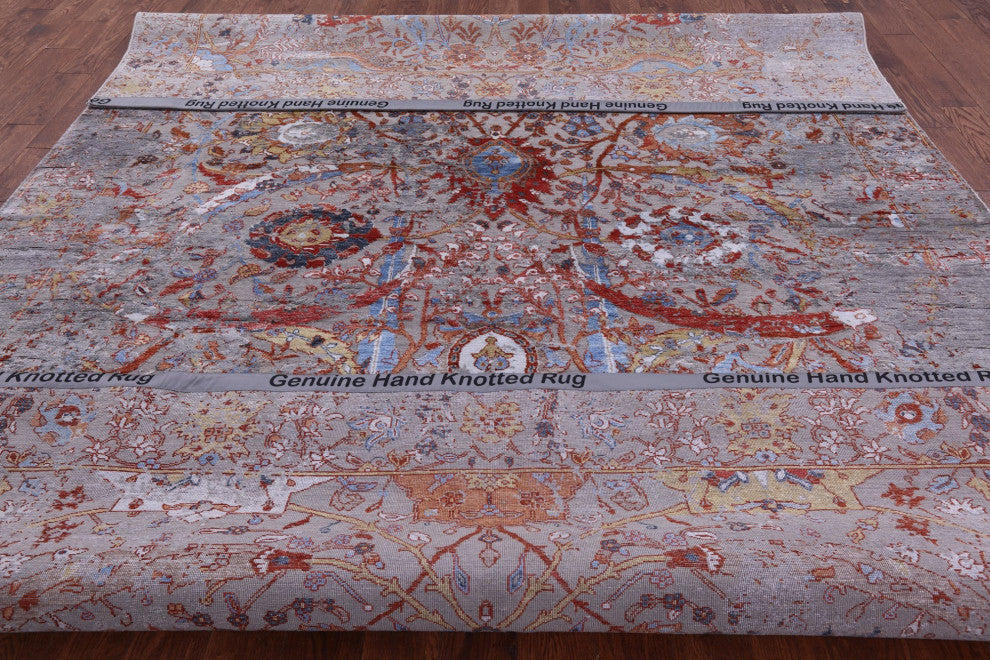 9' 0" X 12' 1" Persian Sickle Leaf Design Wool and Silk Hand Knotted Rug Q8716