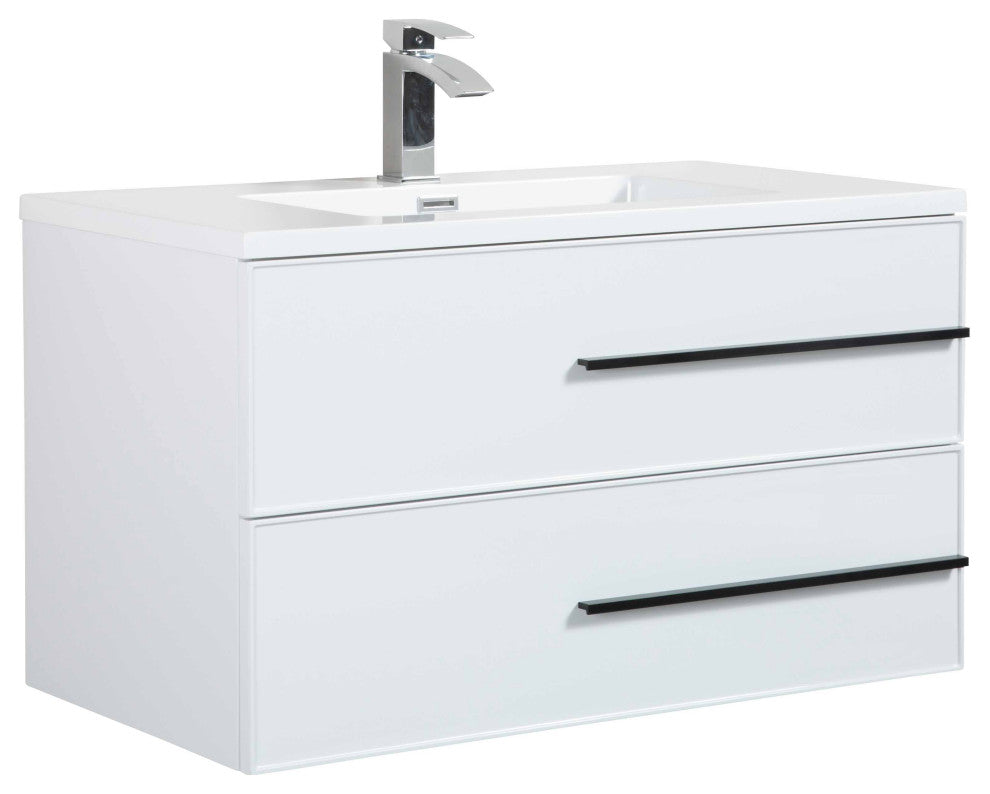 Wall-Mounted White Vanity with Sink Top and Two Drawers, 36"