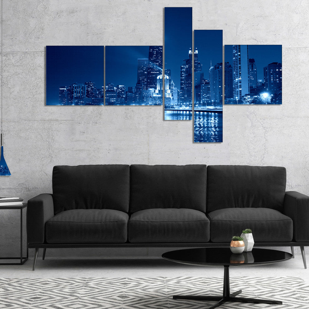 Blue Chicago Skyline Night, Cityscape Photo Canvas Print, 60"x32", 5 panels
