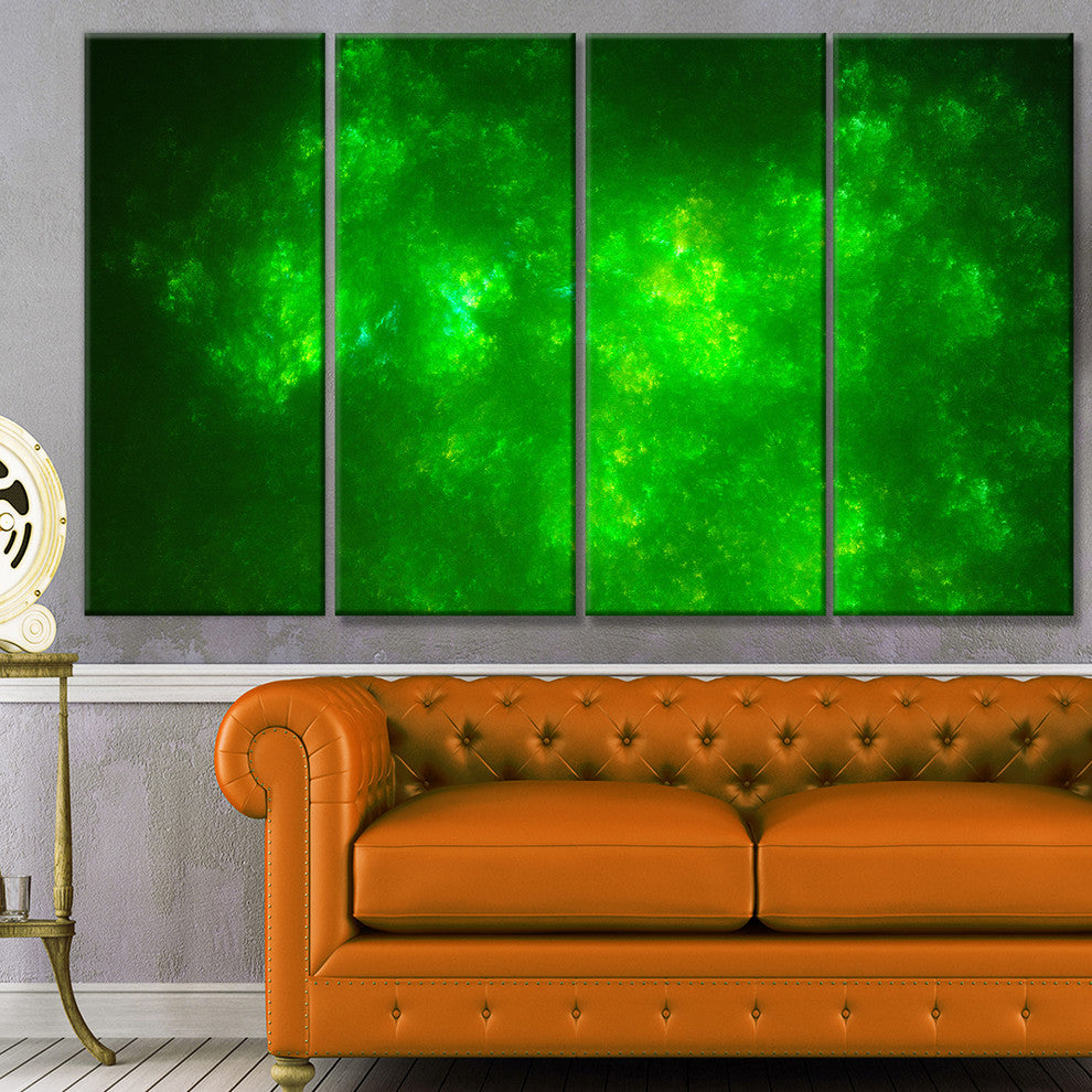 Bright Green Fractal Sky with Stars, Abstract Canvas Print, 48"x28", 4 Panels