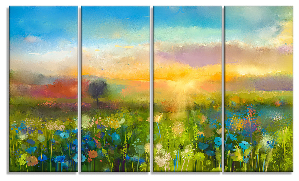 "Sunset Meadow" Landscape Oil Painting Canvas Print, 4 Panels, 48"x28"