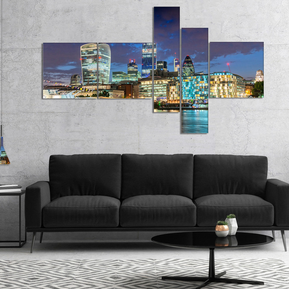 Thames River at Night, Cityscape Photography Canvas Print, 60"x32", 5 panels