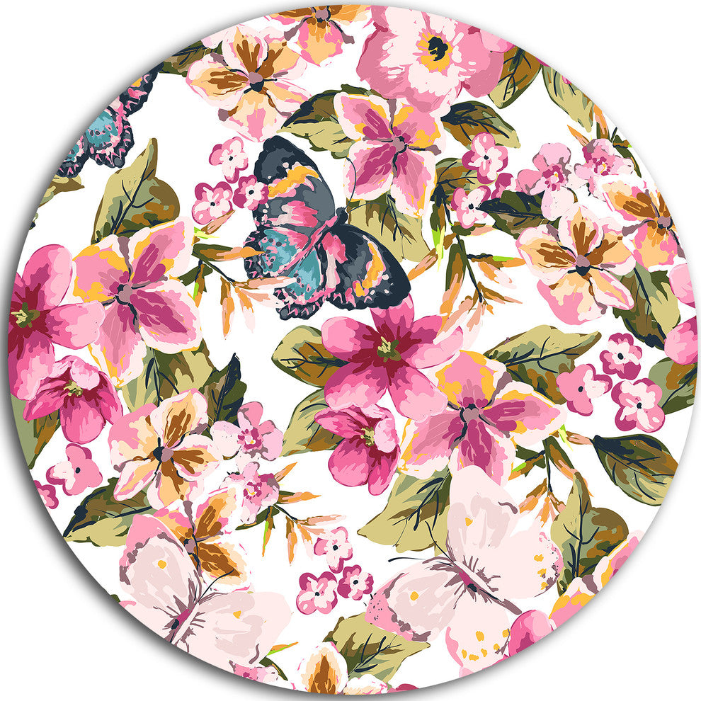 Butterflies With Seamless Floral Pattern, Floral Round Artwork, 36"