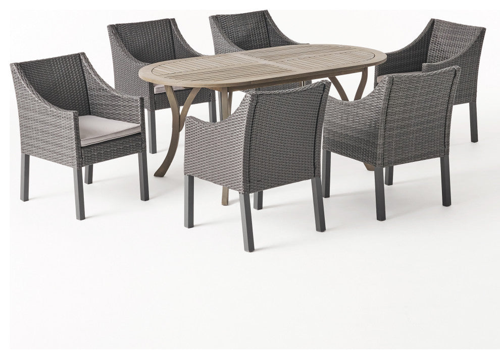 GDF Studio 7-Piece Pettit Outdoor Wood and Wicker Dining Set, Gray/Gray/Silver