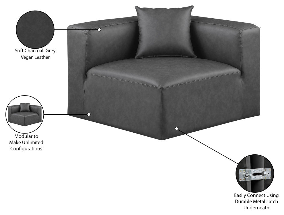 Cube Upholstered Modular Component, Grey, Vegan Leather, Corner Chair