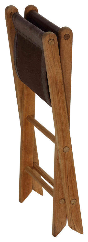 Bare Decor Davie Genuine Teak and Leather Folding Accent Stool in Brown, 18"