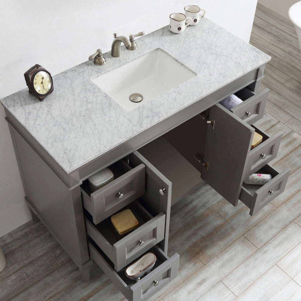 Catania Single Vanity With Carrara White Marble Top, Gray, 48", With Mirror