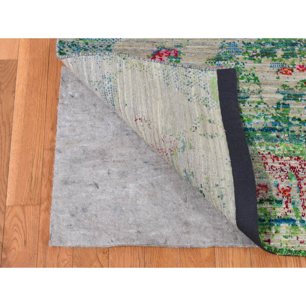Cinereous Gray, Abstract Design, Silk With Wool, Hand Knotted Rug, 8'10"x12'2"