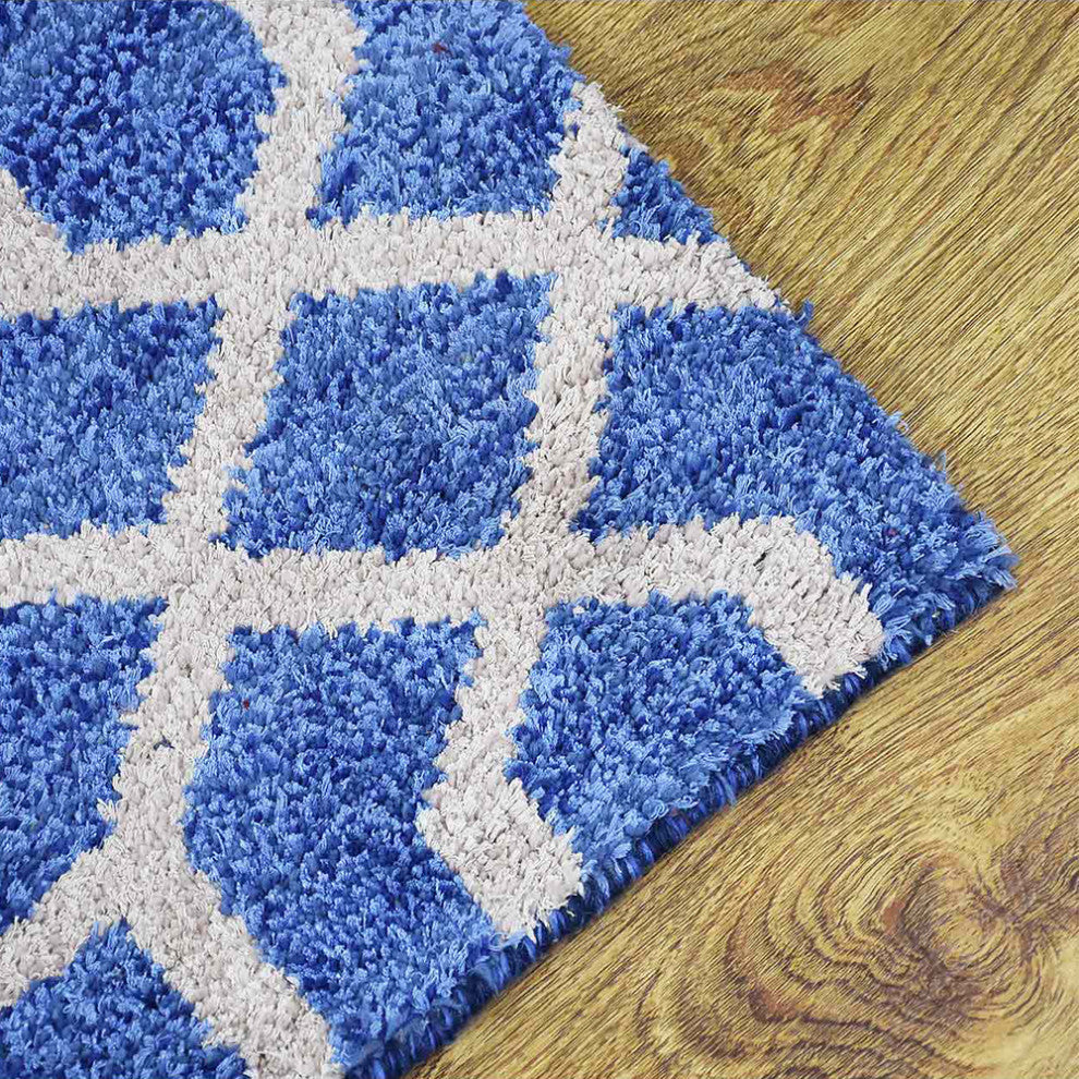 Hand Knotted Wool Area Rug Geometric Blue Beige