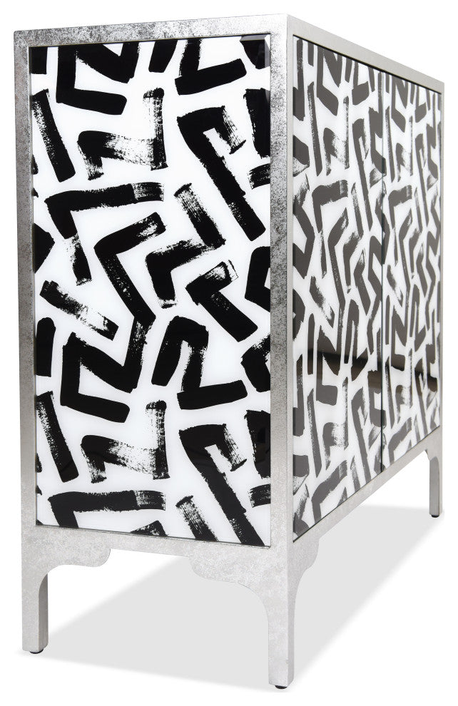 "Intertwined" Cabinets Console Table on Beveled Printed Art Glass, Frame