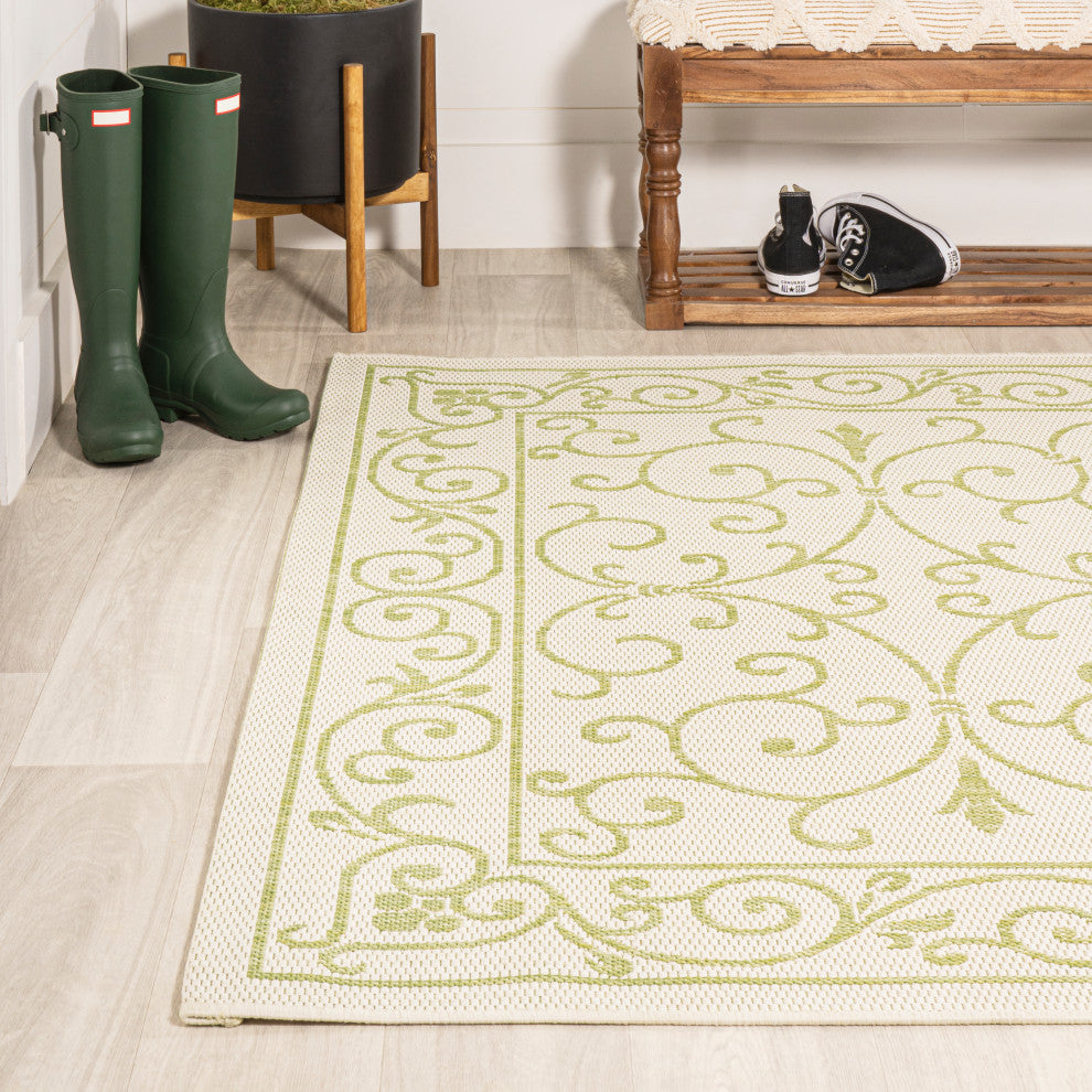 Charleston Filigree Textured Weave Indoor/Outdoor, Cream/Green, 9 X 12