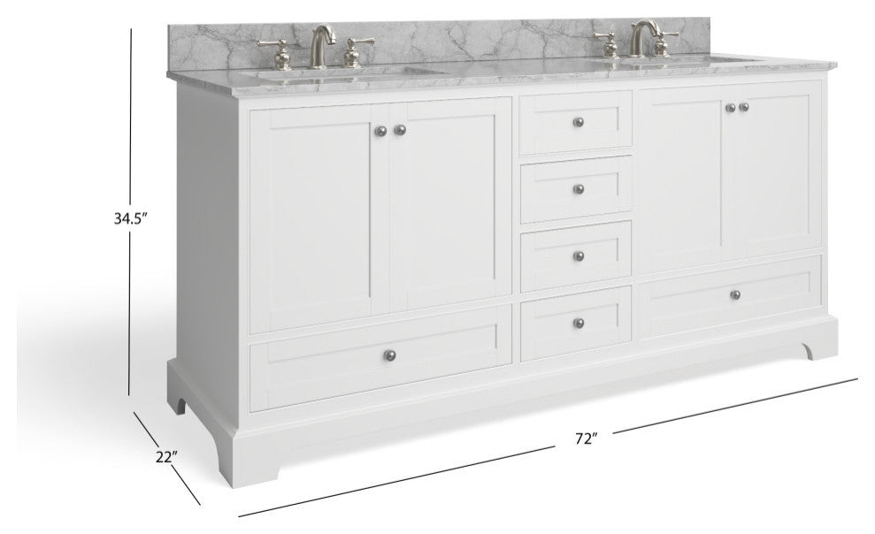 Cascade Bath Vanity, White, 72", Brushed Nickel Hardware, Double, Freestanding