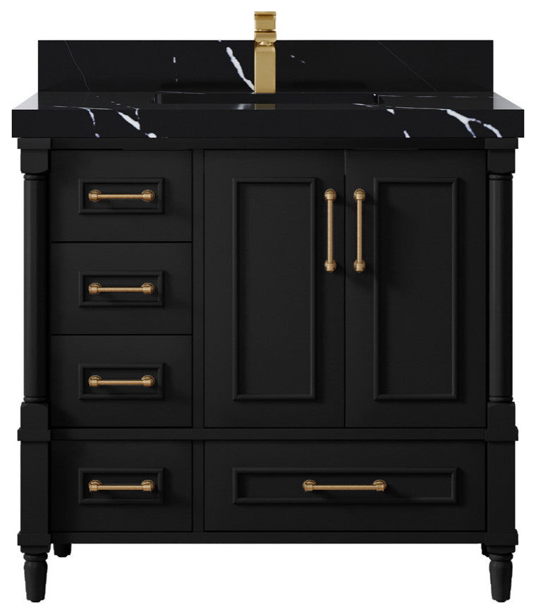 Aberdeen 36 Center Sink Bath Vanity In Black 2" Calacatta Black