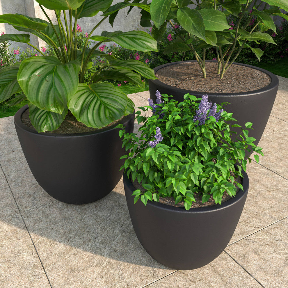 Dahlia 3-Piece Planter Set, Fiberstone and Clay, Black