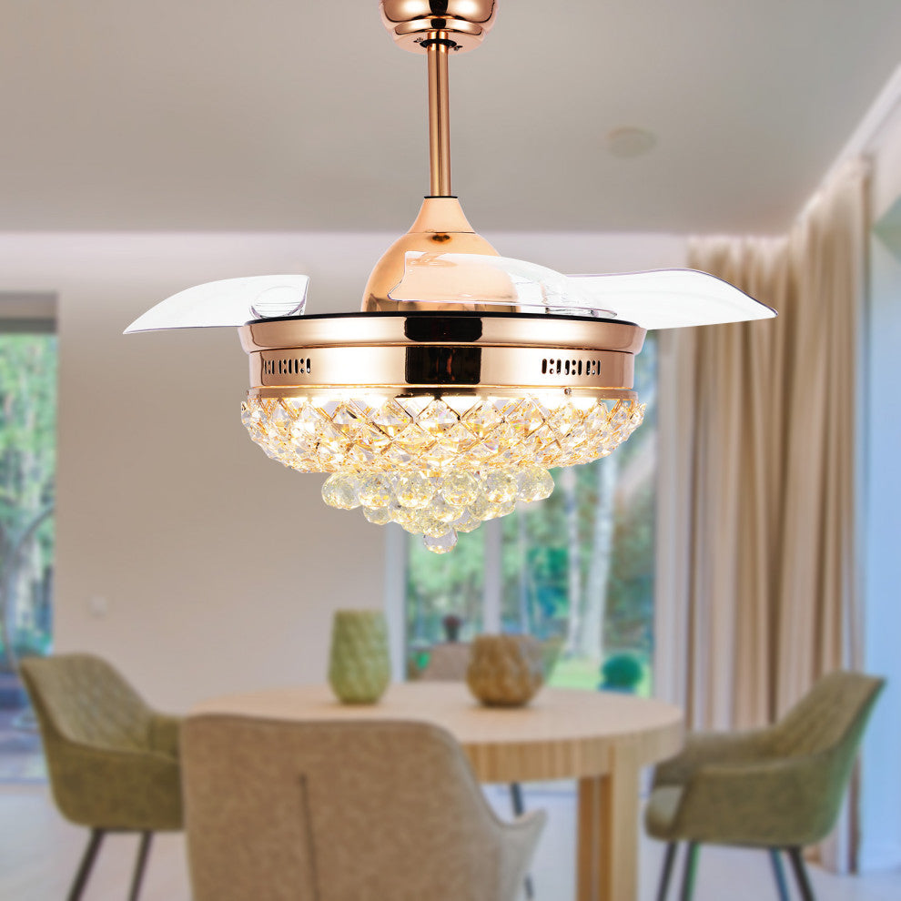 42" LED Retractable Ceiling Fan With Light Kit and Remote Control Included, Gold