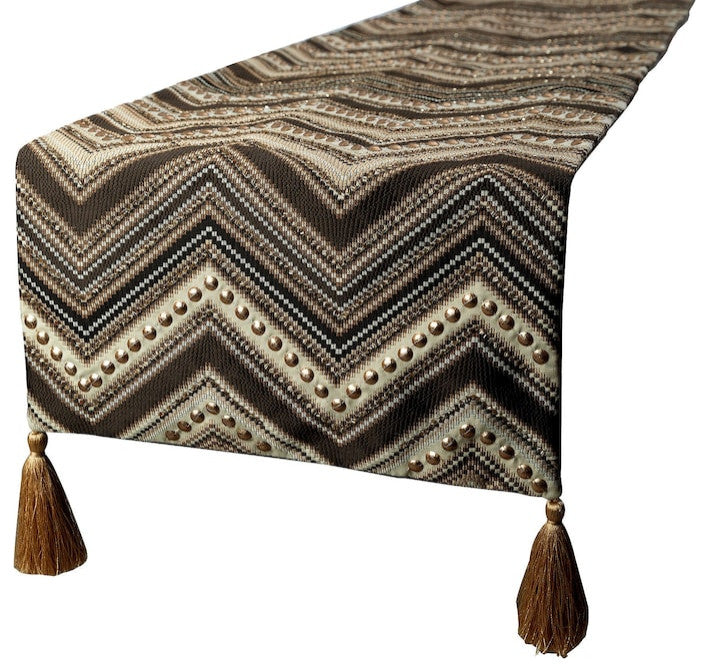 Decorative Table Runner Brown Jacquard Silk, Beaded & Tassels - Timberland