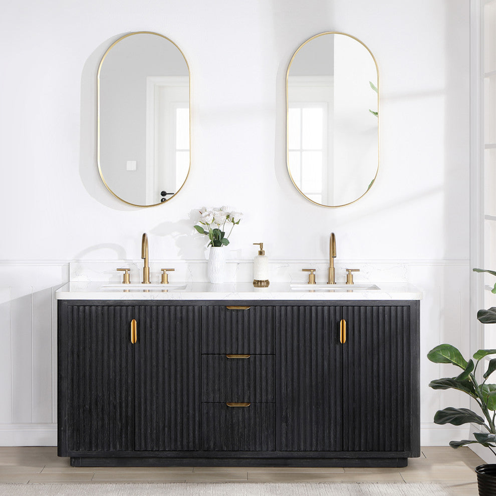 Vinnova Cadiz Bath Vanity, Composite Stone Top, Black, 72", With Mirror