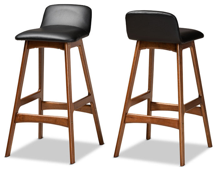 Cathryn Modern Black Faux Leather and Walnut Stools, Set of 2, Bar Height