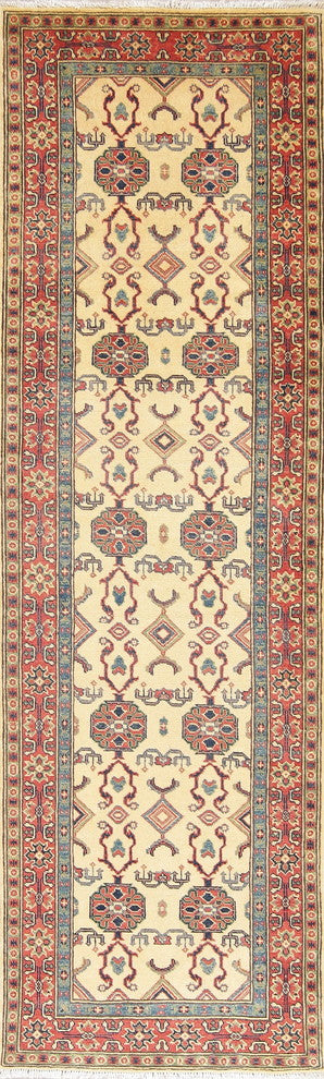 Traditional Kazak Oriental Hand-Knotted Pakistani Runner Rug, Beige, 9'5"X3'0"