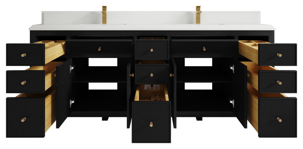 Sonoma 84 Double Sink Reeded Bath Vanity in Black 1.5" White Quartz