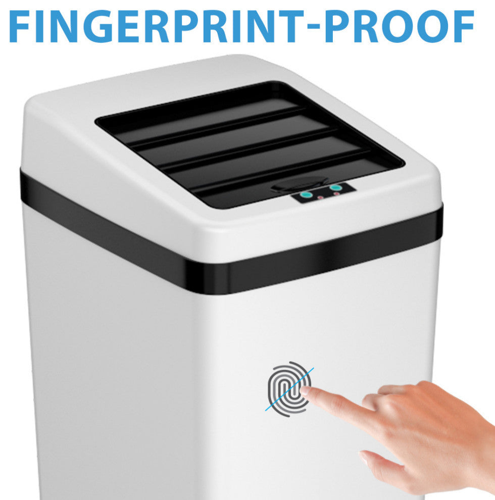 iTouchless 14 Gal Retracting Lid Sensor Trash Can + Odor Filter, White Steel