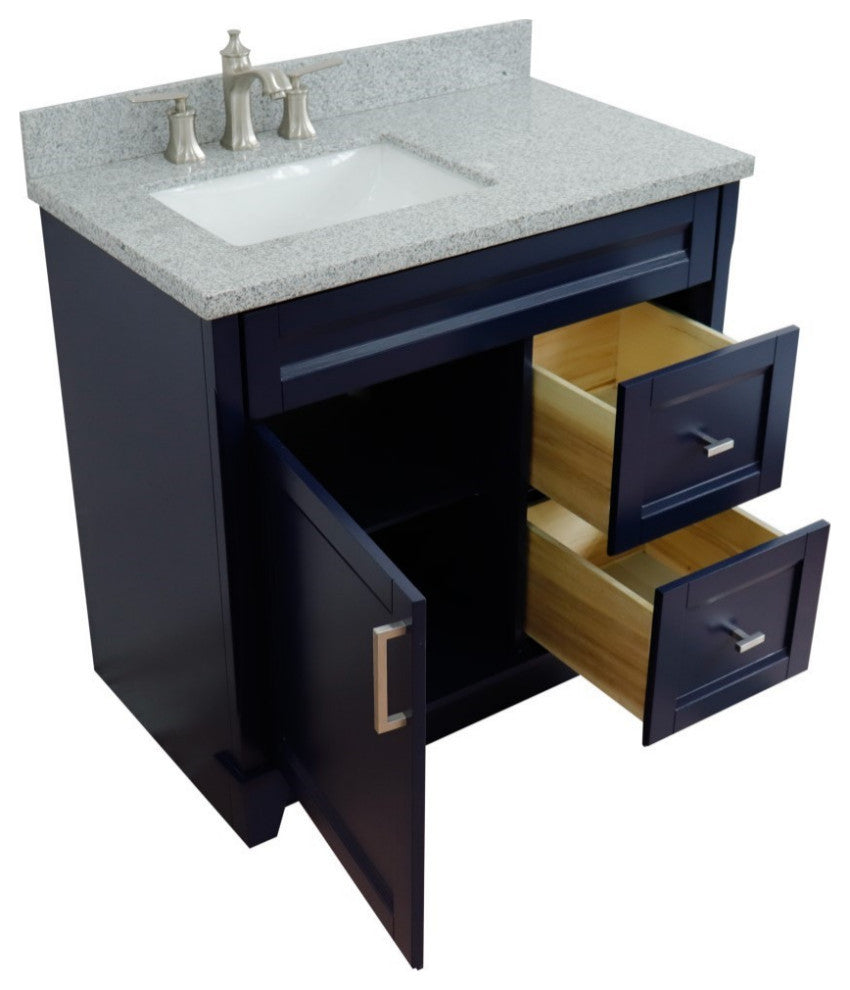 37" Single Sink Vanity, Blue Finish With Gray Granite And Left Door/Left Sink