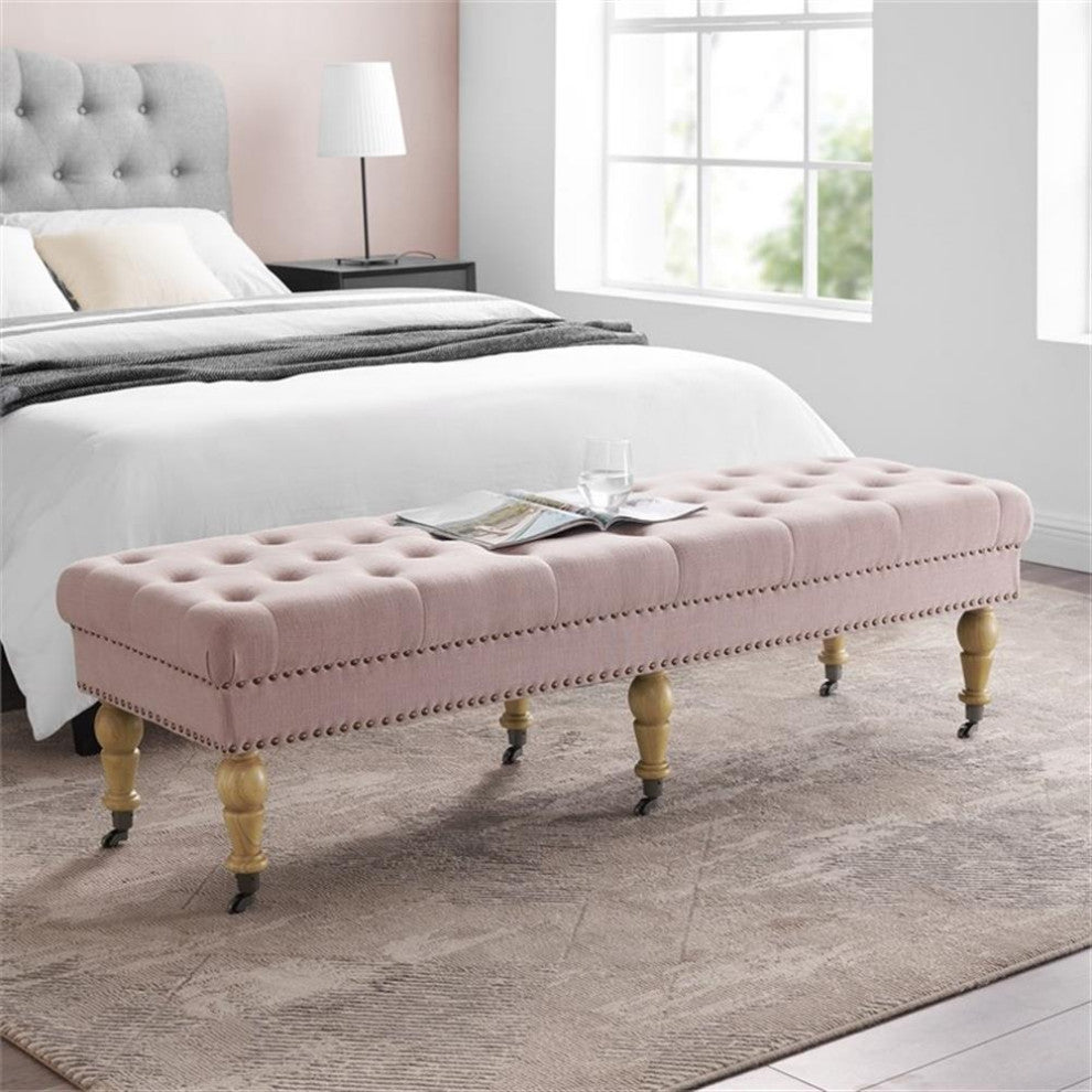 Linon Isabelle Upholstered 62" Long Bench Wood Legs in Washed Pink Linen Fabric
