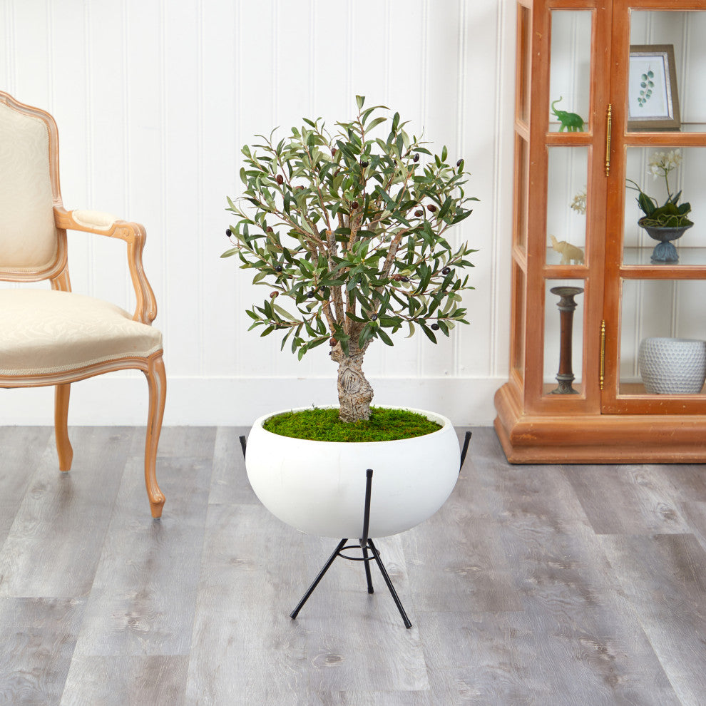 3'' Olive Artificial Tree, White Planter With Metal Stand