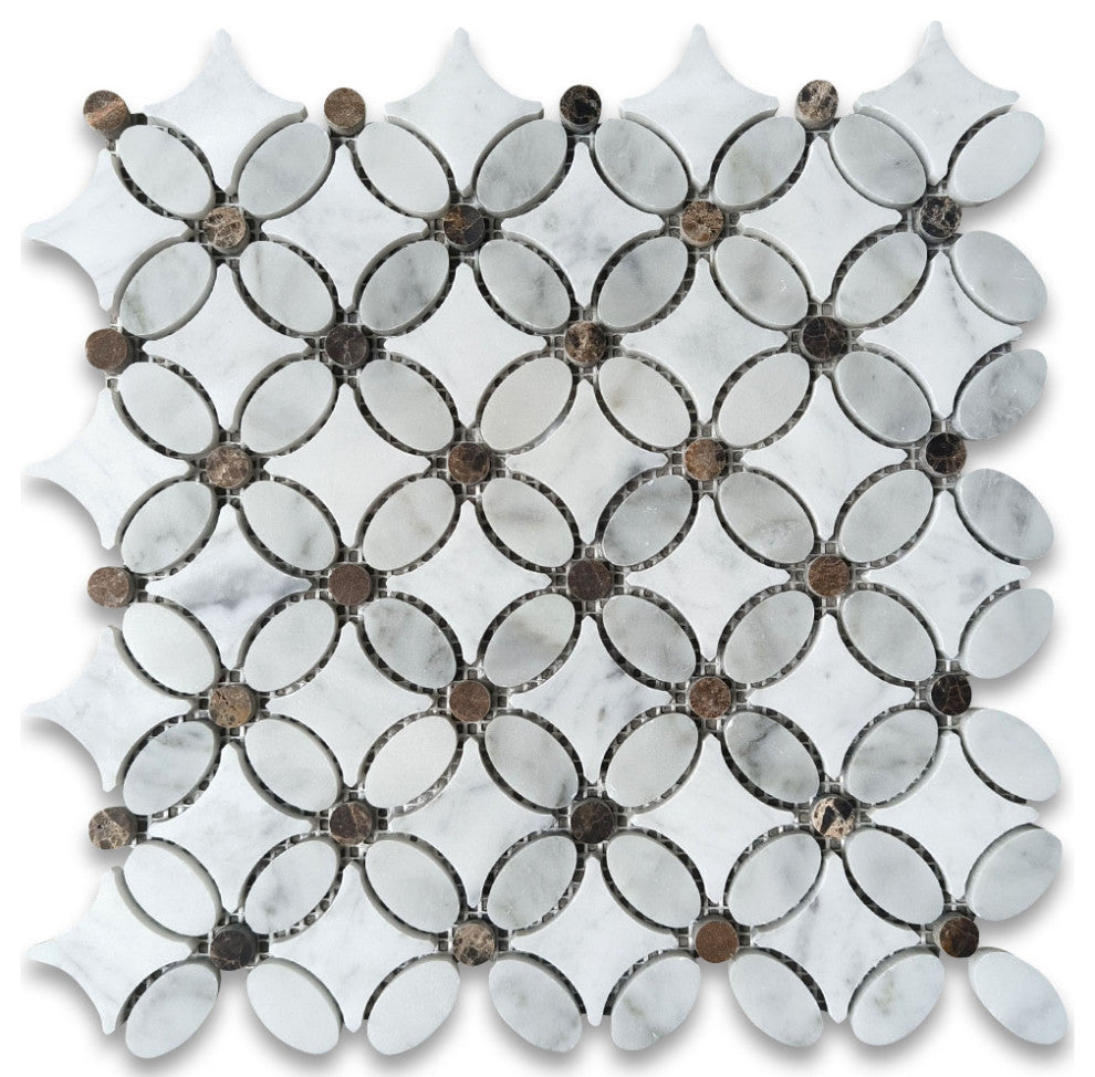 Carrara White Marble Chateau Flower Mosaic Tile Emperador Brown Dots, 1 Sheet