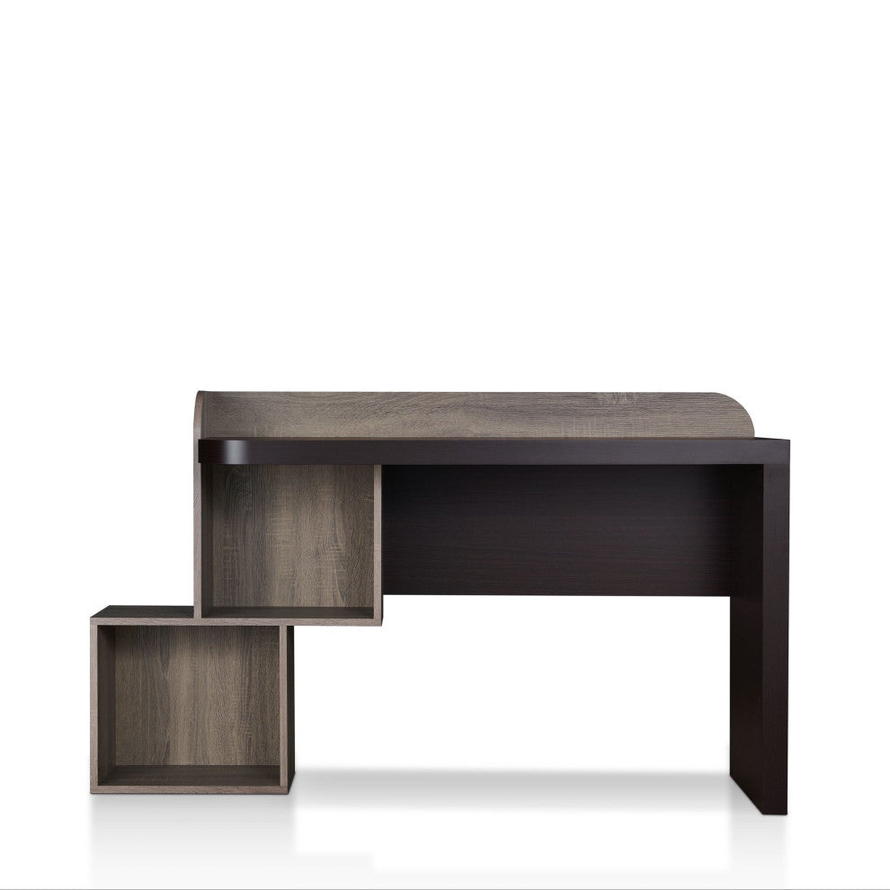 Modern Desk, Unique Design With Large Worktop & 2 Open Cubbies, Walnut Brown