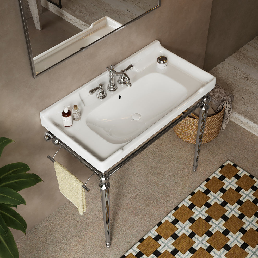 Wall-Mounted White Ceramic Vanity Basin with Stainless Steel Support Legs , Chrome