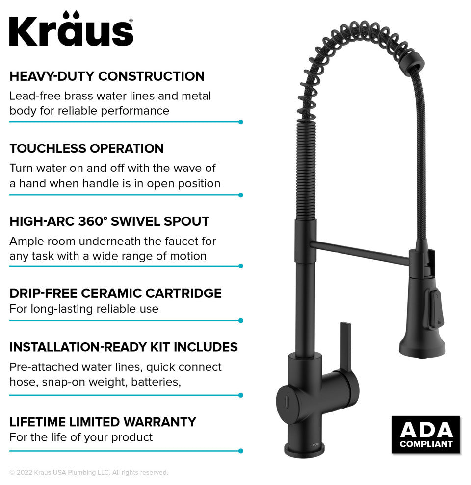 Britt Commercial Style 3-Function Pull-Down 1-Handle 1-Hole Kitchen Faucet, Matte Black (Touchless Ksf-1691mb)