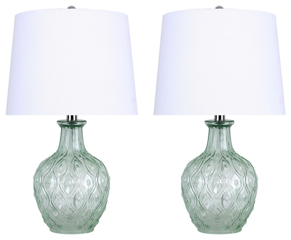 20.5" Recycled Glass Table Lamp, Patterned Base/Off-White Linen Shades, Set of 2