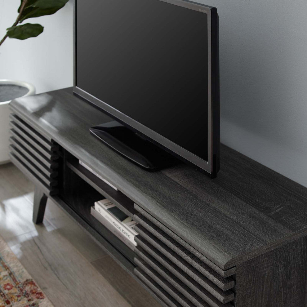 Media TV Stand Console Table, Wood, Dark Grey Gray, Modern, Lounge Hospitality