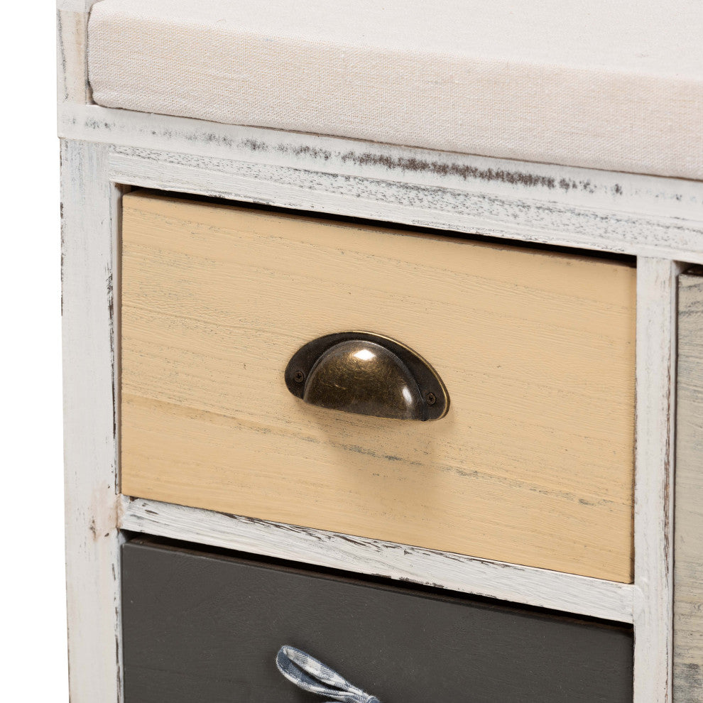 Sophie Transitional Beige Fabric and Wood 3-Drawer Storage Bench