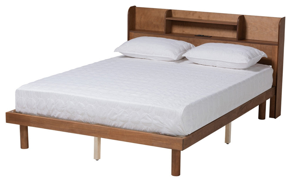Mid-Century Modern Walnut Brown Finished Wood Queen Size Platform Bed Frame