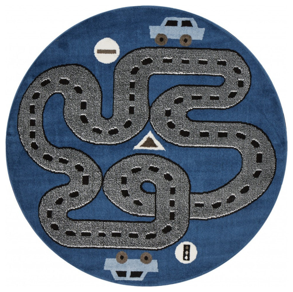 5??Round Navy Imaginative Racetrack Area Rug