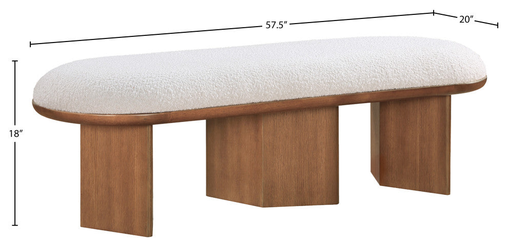 Wilshire Boucle Fabric Upholstered Bench, Cream, Walnut Finish
