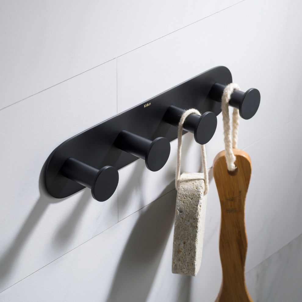 Elie Bathroom Robe and Towel 4-Hooks Rack, Black
