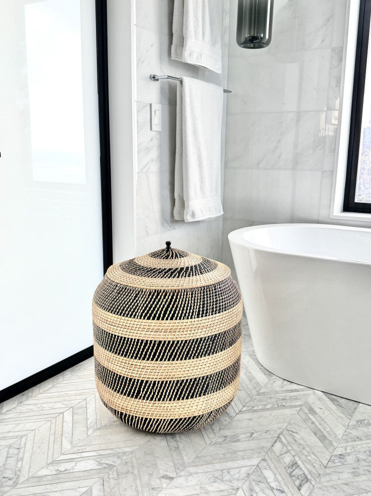 Extra-Large Rattan Belly Basket, Natural and Black