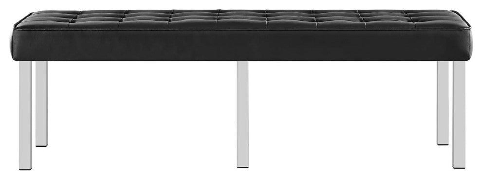 Loft Tufted Large Upholstered Faux Leather Bench Silver Black