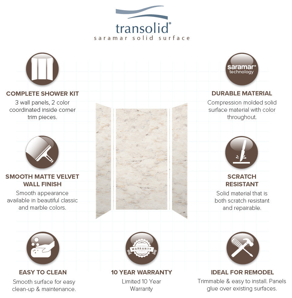Transolid SaraMar 36"x36"x72" 3-Piece Shower Wall Kit, Biscotti Marble Velvet