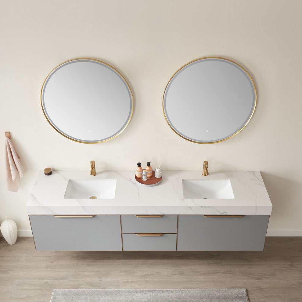Alicante Vanity With Stone Countertop, Elegant Grey, 84", With Mirror