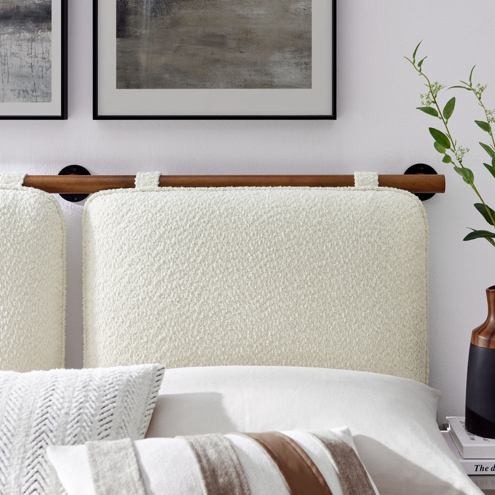 Anela Wall-Mounted Chenille Upholstered Full Headboard, Cream Walnut