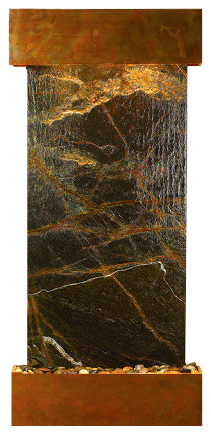 Cascade Springs Water Fountain, Green Marble, Rustic Copper, Square
