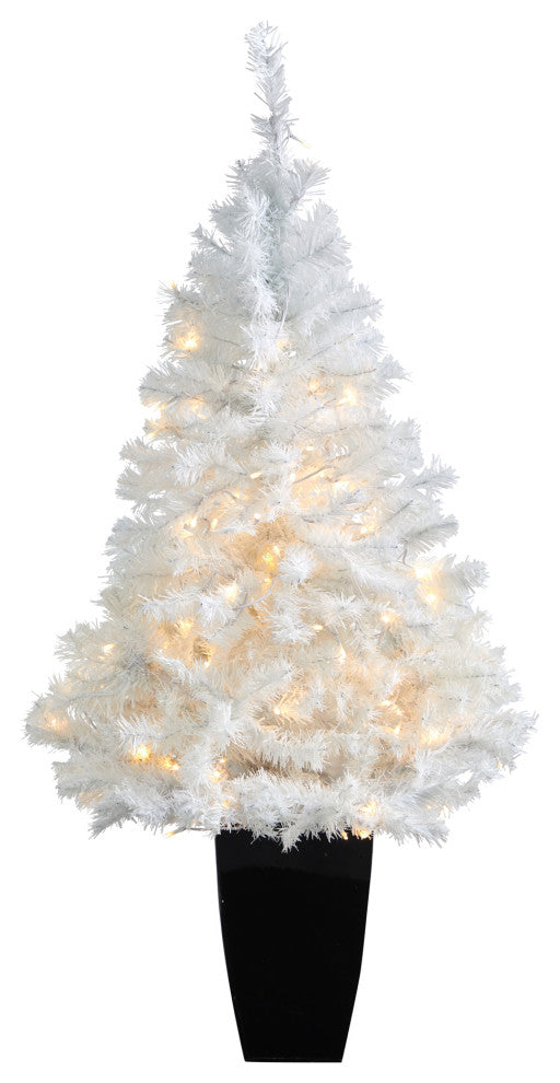 50" White Faux Christmas Tree With 100 Clear LED Lights, Black Metal Planter