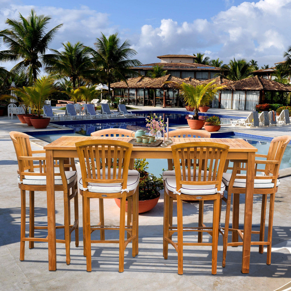 7-Piece Teak Wood Orleans Patio Bar Set, 63" Bar Table and 6 Bar Chairs