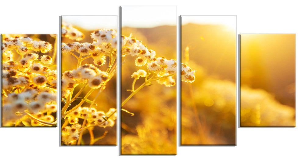 Bright Yellow Rural Garden Flowers, Floral Canvas Art Print, 60"x32", 5 Panels