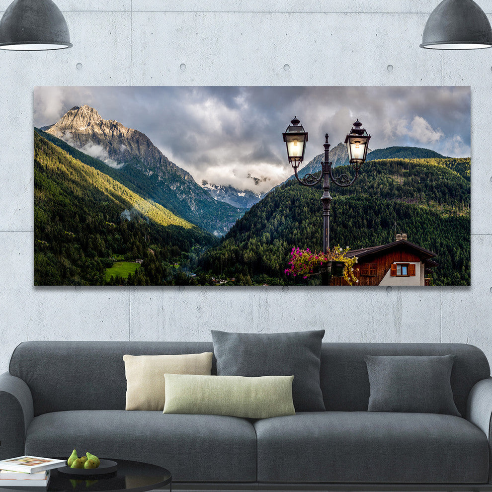Lamp Posts in Mountain Panorama, Large landscape Canvas Art Print, 60"x28"